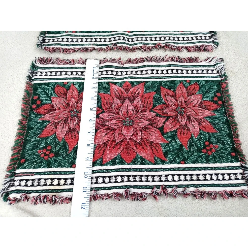 Set of 2 Christmas Poinsettia Woven‎ Tapestry Placemats Fringed Holiday Table